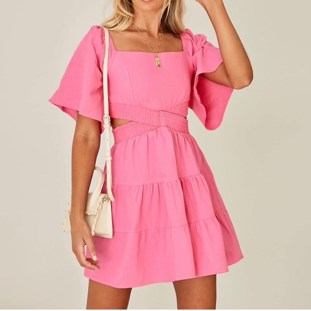 Women's Square Neck Short Sleeve Cutout Crossover Elastic Waist Mini Dress